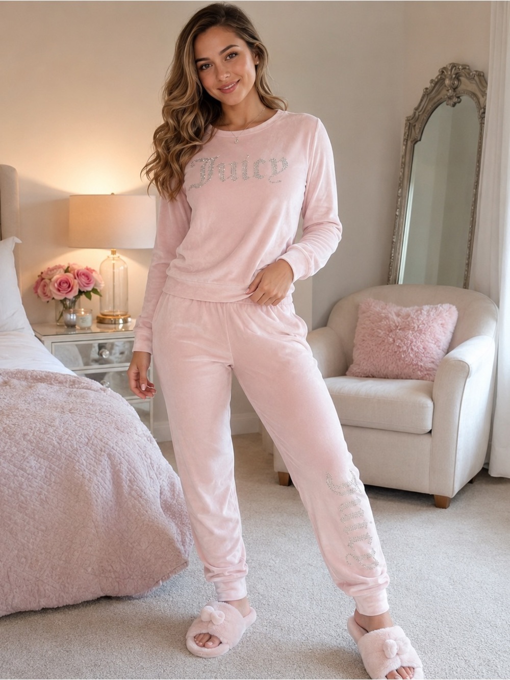 Juicy Couture Girls' Light Pink Velour Pajama Set with Rhinestone Juicy Logo 2YK